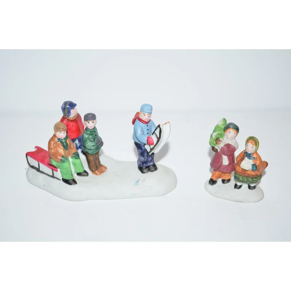 Lemax Dickensvale Porcelain Sledding Party‎ Christmas Village Figures Tree